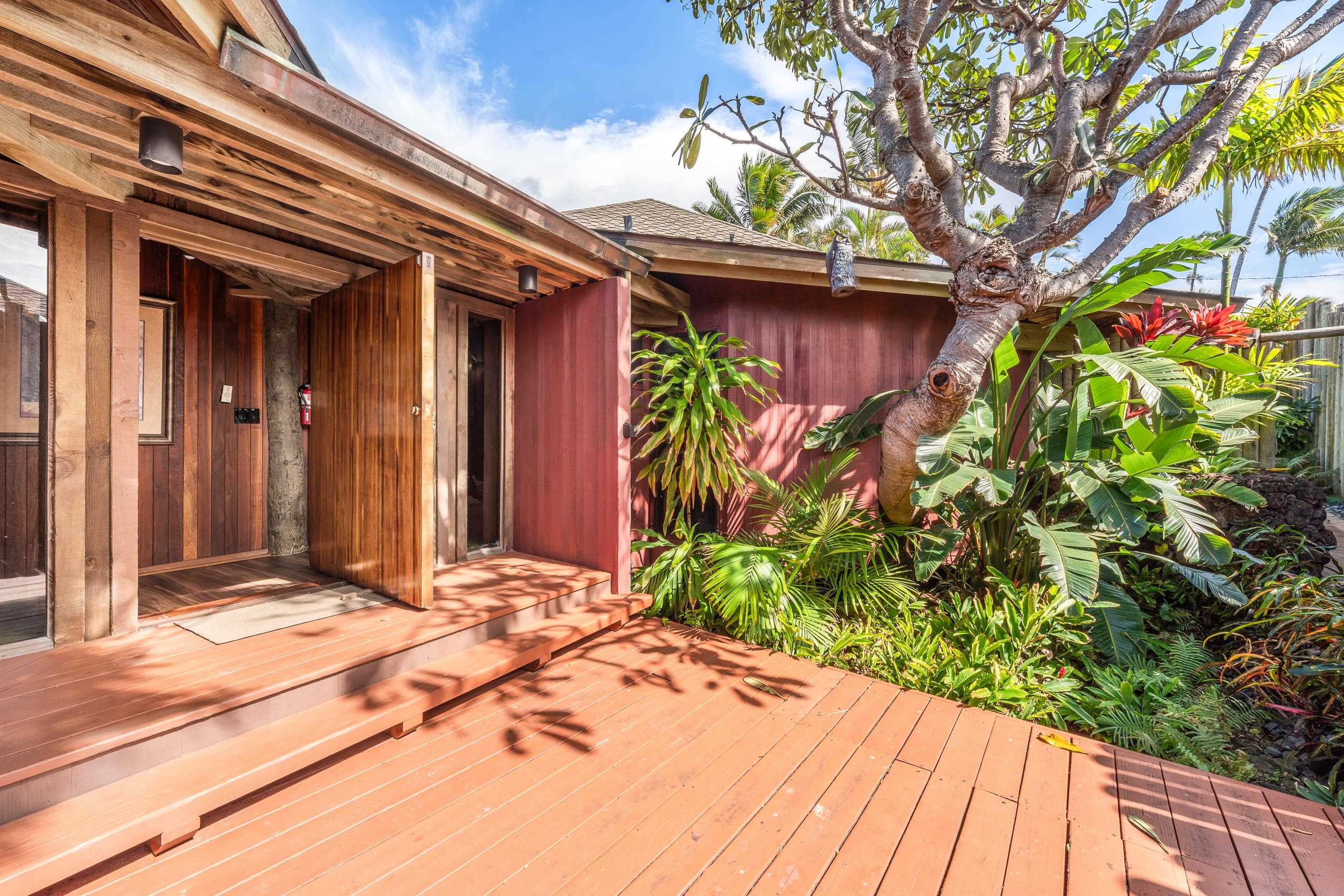 The sheltered entry courtyard, tropical plantings against the redwood walls